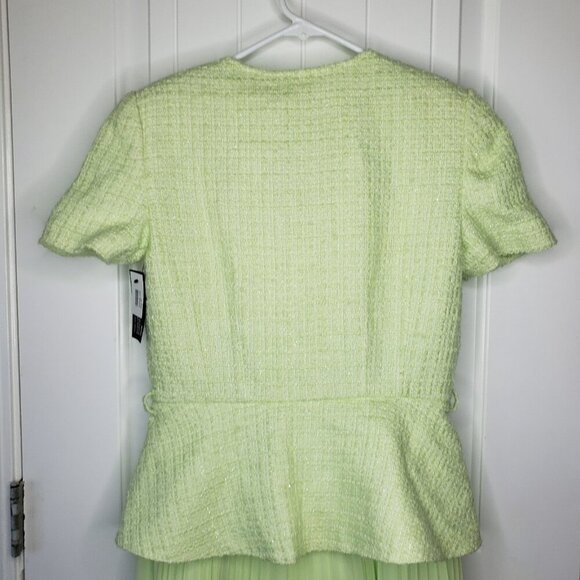 Self Portrait Boucle Chiffon Pleated Midi Dress Womens 6 Lime Tweed Belted NEW - Picture 7 of 16